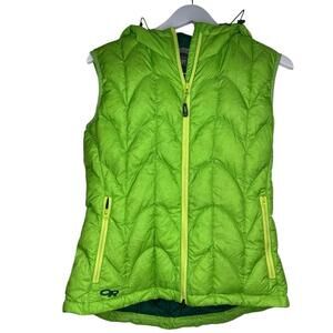Women's‎ Outdoor Research Neon Lime green hooded puffer Down vest Size M